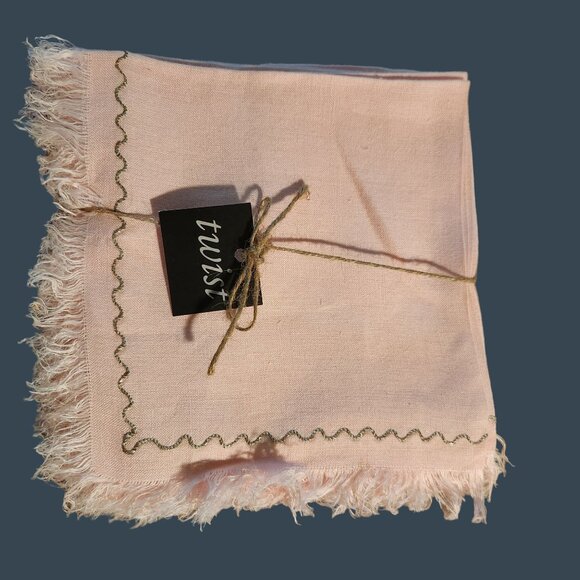 Vintage Pink Linen Napkins With Gold Embroidered Trim & Fringe - Set Of 9 - Picture 1 of 8